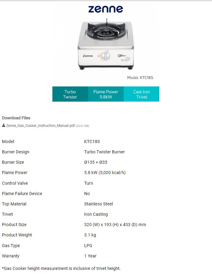 ZENNE SINGLE GAS COOKER KTC18